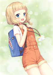 Rule 34 | 10s, 1girl, :d, backpack, bag, blonde hair, blue eyes, blush, breasts, child, green background, hair bobbles, hair ornament, highres, id card, looking at viewer, low twintails, new game!, open mouth, sakura nene, short hair, shorts, small breasts, smile, solo, tomifumi, twintails