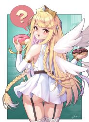Rule 34 | 1girl, ?, ass, bare shoulders, blonde hair, bloody0rabby, blush, braid, breasts, commentary, detached sleeves, detached wings, doughnut, dress, eating, elpin (trickcal), feathered wings, food, food on face, from behind, garter straps, highres, holding, holding food, large breasts, long hair, long sleeves, looking at viewer, looking back, panties, red eyes, sleeveless, sleeveless dress, solo, spoken question mark, thighhighs, trickcal, twin braids, underwear, very long hair, white dress, white panties, white sleeves, white thighhighs, white wings, wings