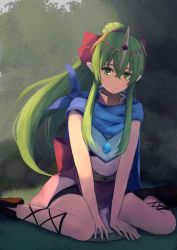 Rule 34 | 1girl, back bow, between legs, blue cape, bow, brown footwear, cape, crossed bangs, dragonstone, fire emblem, fire emblem: mystery of the emblem, fire emblem heroes, grass, green eyes, hair between eyes, hair bow, hand between legs, headpiece, high collar, highres, labebebe lee, light green hair, light particles, looking at viewer, nintendo, pointy ears, red bow, red sash, sash, sidelocks, sitting, smile, solo, split mouth, tiki (fire emblem), tiki (young) (fire emblem)