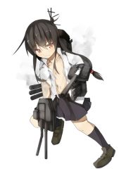 Rule 34 | 10s, 1girl, black hair, black skirt, blush, clenched teeth, collarbone, collared shirt, damaged, flat chest, full body, hatsushimo (kancolle), kantai collection, loafers, long hair, long sleeves, low-tied long hair, machinery, midriff, navel, official art, open clothes, open shirt, red eyes, shirt, shoes, skirt, smoke, solo, teeth, torn clothes, torn shirt, transparent background, turret, white shirt, yadokari (migihashi)