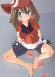 Rule 34 | 1girl, arm support, aruman, bad id, bad pixiv id, bandana, barefoot, bike shorts, bike shorts under skirt, blush, breasts, brown hair, cameltoe, closed mouth, collarbone, collared shirt, commentary, creatures (company), feet, feet together, game freak, gloves, green eyes, hair between eyes, knees apart feet together, looking at viewer, may (pokemon), nintendo, poke ball, poke ball (basic), pokemon, pokemon rse, red bandana, red shirt, shirt, short sleeves, sitting, skirt, smile, solo, split mouth, spread legs, toes, white skirt