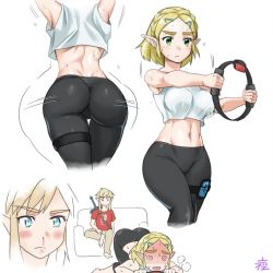 Rule 34 | 1boy, 1girl, :&lt;, @ @, ass, ass shake, blonde hair, blood, blue eyes, blush, bouncing breasts, breasts, couch, crop top, exhausted, full-face blush, green eyes, joy-con, large breasts, leggings, link, looking at another, midriff, monbetsu kuniharu, navel, nintendo, nosebleed, pants, pointy ears, princess zelda, ring fit adventure, sequential, short hair, simple background, sitting, sleeveless, stomach, sweat, tank top, the legend of zelda, the legend of zelda: breath of the wild, the legend of zelda: tears of the kingdom, yoga pants
