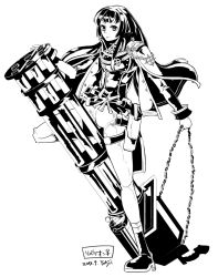 Rule 34 | 1girl, bad id, bad pixiv id, belt, buttons, cape, chain, closed mouth, coat, commentary request, dated, double-breasted, emblem, full body, gatling gun, greyscale, gun, holding, holding gun, holding weapon, leg up, long hair, long sleeves, looking at viewer, minigun, monochrome, pants, ragnarok online, rebellion (ragnarok online), reload9 yohji, sidelocks, signature, simple background, solo, weapon, white background