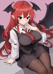 Rule 34 | 1girl, absurdres, bat wings, black eyes, black pantyhose, black skirt, black vest, breasts, closed mouth, collared shirt, commentary request, feet out of frame, head wings, highres, knees together feet apart, koakuma, large breasts, long hair, long sleeves, looking at viewer, moriforest1040, multiple wings, pantyhose, pointy ears, red hair, shirt, sitting, skirt, smile, solo, touhou, vest, white shirt, wings