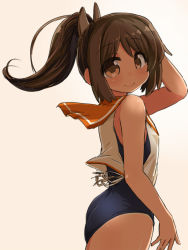 Rule 34 | 1girl, ass, blouse, blue one-piece swimsuit, brown eyes, brown hair, commentary request, cowboy shot, hair ornament, hairclip, i-401 (kancolle), kantai collection, long hair, looking at viewer, naitou kouse, one-piece swimsuit, one-piece tan, orange sailor collar, ponytail, sailor collar, school swimsuit, shirt, short ponytail, simple background, sleeveless, sleeveless shirt, smile, solo, swimsuit, swimsuit under clothes, tan, tanline, white background, white shirt