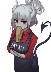 Rule 34 | 1girl, absurdres, apron, bad id, bad pixiv id, black apron, black pants, blush, breast hold, breasts, clothes writing, collared shirt, commentary, demon girl, demon horns, demon tail, fixro2n, food in mouth, hair between eyes, hair bun, helltaker, highres, horns, looking at viewer, lucifer (helltaker), medium breasts, mole, mole under eye, mouth hold, pants, red eyes, red shirt, shirt, sidelocks, silver hair, simple background, single hair bun, solo, sweat, tail, tail raised, white background