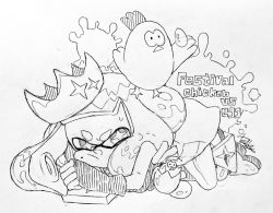 Rule 34 | 1girl, all fours, animal, bare shoulders, bird, chick, chicken, closed mouth, cross-shaped pupils, dress, egg, fingerless gloves, frown, full body, gloves, inkling, isamu-ki (yuuki), long hair, mole, mole under mouth, monochrome, nintendo, paint splatter, pearl (splatoon), simple background, splatoon (series), splatoon 2, suction cups, symbol-shaped pupils, tentacle hair, traditional media, v-shaped eyebrows, white background, zipper, zipper pull tab