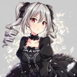 Rule 34 | 10s, 1girl, black dress, bow, breasts, choker, collar, collarbone, commentary request, detached collar, dress, drill hair, eyebrows, floral background, frilled choker, frilled collar, frilled dress, frilled ribbon, frills, gothic lolita, grey background, hair between eyes, hair bow, idolmaster, idolmaster cinderella girls, kanzaki ranko, lolita fashion, long hair, long sleeves, looking at viewer, looking to the side, open mouth, petals, puffy long sleeves, puffy sleeves, red eyes, ribbon, rin yuu, sidelocks, silver hair, solo, twin drills, twitter username