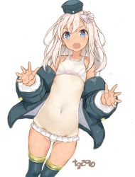 Rule 34 | 1girl, :o, absurdres, bare shoulders, bikini, bikini under clothes, blue eyes, blush, bow, breasts, commentary request, cosplay, cowboy shot, frilled bikini, frills, garrison cap, goekawa, groin, hair bow, hair ornament, hat, highres, kantai collection, long hair, long sleeves, looking at viewer, navel, off shoulder, one-hour drawing challenge, one-piece tan, open mouth, reaching, reaching towards viewer, ro-500 (kancolle), ro-500 (kancolle) (cosplay), simple background, skindentation, small breasts, solo, swimsuit, swimsuit under clothes, tan, tanline, thighhighs, u-511 (kancolle), u-511 (kancolle) (cosplay), white background, white hair