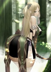 Rule 34 | 1girl, arrow (projectile), ass, bare shoulders, blonde hair, blurry, blurry background, bow (weapon), breasts, butterfly hair ornament, elf, forest, from behind, green eyes, hair ornament, highres, large breasts, light rays, long hair, looking back, miniskirt, nature, open mouth, original, parted bangs, pointy ears, quiver, remomon0, shoutao, side ponytail, sideboob, sidelocks, skirt, solo, sunbeam, sunlight, thighhighs, tree, weapon, white thighhighs