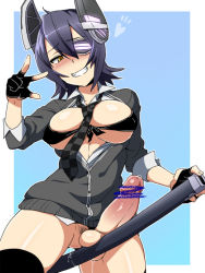 Rule 34 | 1girl, between breasts, bikini, bikini top only, blush, bottomless, breasts, colorized, cowboy shot, fingerless gloves, futanari, gloves, grin, ikeshita moyuko, kantai collection, necktie, necktie between breasts, penis, scabbard, sheath, simple background, smile, solo, straddling, swimsuit, tenryuu (kancolle), testicles, thighhighs