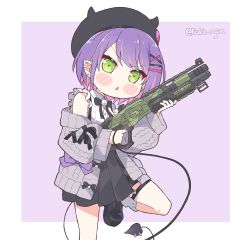 Rule 34 | 1girl, apex legends, aran sweater, beret, black hat, black skirt, blush stickers, cable knit, cardigan, chibi, collared shirt, colored inner hair, commentary, demon girl, demon tail, ear piercing, english commentary, fake horns, frilled shirt, frills, green eyes, grey cardigan, gun, hair ornament, hairclip, hat, highres, holding, holding gun, holding weapon, hololive, horned headwear, horns, jirai kei, kukie-nyan, loose socks, multicolored hair, multiple piercings, open cardigan, open clothes, piercing, pink hair, purple hair, shirt, skirt, sleeveless, sleeveless shirt, socks, solo, streaked hair, suspender skirt, suspenders, sweater, swept bangs, tail, tail ornament, tail piercing, tokoyami towa, tokoyami towa (jirai kei), twitter username, v-shaped eyebrows, virtual youtuber, weapon, white shirt, white socks