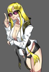 Rule 34 | 1girl, black panties, black scarf, blonde hair, breasts, cleavage, digimon, digimon story: cyber sleuth, highres, kuremi kyouko, large breasts, laser (akirawai), long hair, open clothes, open shirt, panties, pink sunglasses, scarf, shirt, solo, sunglasses, underwear, white shirt