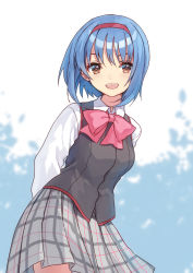 Rule 34 | 1girl, arms behind back, blue hair, bow, brown eyes, commentary request, commission, dress shirt, grey skirt, grey vest, hairband, little busters!, long sleeves, mitsuyo (mituyo324), nishizono midori, open mouth, pink bow, plaid, plaid skirt, pleated skirt, red hairband, school uniform, shirt, short hair, skirt, solo, vest, white shirt