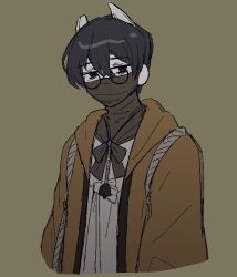 1boy black_eyes black_hair bow bowtie brown_background brown_bow brown_bowtie brown_coat coat cosplay dongrang_(project_moon) dongrang_(project_moon)_(cosplay) e.g.o_(project_moon) farmwatch_(e.g.o) glasses horns inoriyuki limbus_company long_sleeves looking_at_viewer project_moon rope round_eyewear solo upper_body white_hanbok