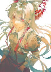 Rule 34 | 1girl, absurdres, arm strap, bow, collared shirt, cowboy shot, expressionless, fujiwara no mokou, hair bow, hair over eyes, hands in pants, highres, hime cut, juliet sleeves, lips, long bangs, long hair, long sleeves, looking at viewer, pants, puffy sleeves, red bow, red eyes, red pants, shirt, sidelocks, solo, suspenders, torn bow, torn clothes, torn sleeve, touhou, two-tone bow, very long hair, white background, white bow, white hair, white shirt, wing collar, xianyu liang
