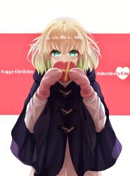 Rule 34 | 1girl, absurdres, blonde hair, blush, box, commentary request, covered mouth, cowboy shot, eyelashes, gift, green eyes, hair between eyes, hands up, happy birthday, happy valentine, heart, heart-shaped box, highres, holding, holding box, holding gift, long sleeves, looking at viewer, medium hair, mittens, otomi mayura, pink mittens, red background, simple background, solo, sousei no onmyouji, straight-on, sumire 1046, two-tone background, upturned eyes, valentine, white background, winter clothes