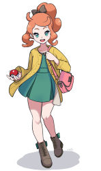 Rule 34 | 1girl, aged down, bad id, bad pixiv id, bag, boots, bow, brown bow, brown footwear, buttons, coat, commentary request, creatures (company), dress, eyelashes, full body, game freak, green dress, green eyes, hair bow, handbag, high ponytail, holding, holding poke ball, knees, long hair, nintendo, open clothes, open coat, open mouth, orange hair, pink bag, poke ball, poke ball (basic), pokemon, pokemon swsh, riato (riato1985), smile, solo, sonia (pokemon), standing, swept bangs, teeth, tongue, upper teeth only, yellow coat