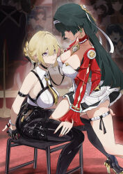 2girls absurdres arm_belt astra_yao bare_shoulders barefoot black_gloves black_hair black_pants blonde_hair breasts chinese_commentary closed_mouth commentary_request cuffs dress earrings evelyn_chevalier eye_contact gloves gokusaishiki_(1376145360) hairband handcuffs high-waist_pants high_heels highres holding holding_leash jewelry large_breasts leash leg_between_thighs long_hair looking_at_another mole mole_under_eye multiple_girls necktie no_jacket pants purple_eyes red_eyes shirt short_hair sitting smile strapless strapless_dress tight_clothes tight_pants white_dress white_hairband white_shirt yellow_necktie yuri zenless_zone_zero