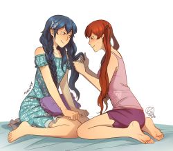 Rule 34 | 2girls, bare shoulders, barefoot, bed, bed sheet, blue dress, blue hair, blush, braid, braiding hair, butterfly hair ornament, camisole, concentrating, dress, feet, fire emblem, fire emblem awakening, from side, hair ornament, hairdressing, hands on own knees, holding, holding own hair, long hair, looking at another, lucina (fire emblem), multiple girls, nintendo, off-shoulder dress, off shoulder, orange hair, pillow, red eyes, red hair, severa (fire emblem), shorts, signature, sitting, sleeveless, smile, soles, ticcy, toes, twin braids, twintails, wariza, white background, yuri
