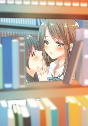 Rule 34 | 2girls, bad id, bad pixiv id, blush, book, bookshelf, bow, bowtie, brown eyes, brown hair, eye contact, grabbing another&#039;s chin, hand on another&#039;s chin, height difference, highres, library, lips, long hair, looking at another, multiple girls, original, parted lips, ribbon, school uniform, sheepd, swept bangs, wing collar, yellow eyes, yuri