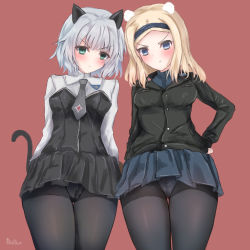 Rule 34 | 2girls, absurdres, aleksandra i. pokryshkin, animal ears, bear ears, black pantyhose, blonde hair, blue eyes, blush, brave witches, breasts, cat ears, cat tail, closed mouth, green eyes, hair ornament, hairband, hand on own hip, highres, looking at viewer, martinreaction, military, military uniform, miniskirt, multiple girls, necktie, panties, panties under pantyhose, pantyhose, red background, sanya v. litvyak, short hair, simple background, skirt, small breasts, standing, strike witches, tail, underwear, uniform, white hair, world witches series