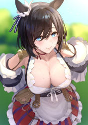 Rule 34 | 1girl, animal ears, apron, arms behind back, black hair, blue eyes, blurry, blurry background, breasts, choker, cleavage, closed mouth, collarbone, corset, detached sleeves, dirndl, eishin flash (umamusume), german clothes, highres, horse ears, large breasts, lips, looking at viewer, red skirt, shirt, short hair, skirt, smile, sweat, toho10min, umamusume, upper body, waist apron, white shirt