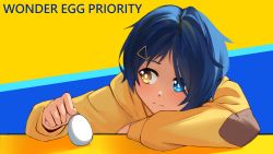 Rule 34 | 1girl, absurdres, ahoge, arm rest, balancing, blue eyes, blue hair, blush, chinese commentary, commentary request, copyright name, dark blue hair, desk, egg, elbow rest, hair over one eye, head rest, heterochromia, highres, hood, hoodie, looking at object, ooto ai, partial commentary, short hair, solo, toby000777, triangle hair ornament, upper body, wonder egg priority, yellow eyes, yellow hoodie