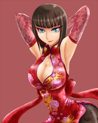 Rule 34 | 1girl, anna williams, armpits, arms behind head, bad id, bad pixiv id, bare shoulders, blue eyes, blunt bangs, bob cut, breasts, brown hair, china dress, chinese clothes, cleavage, cleavage cutout, clothing cutout, contrapposto, dress, elbow gloves, eyelashes, eyeliner, fingerless gloves, fishnet pantyhose, fishnets, floral print, gloves, large breasts, lipstick, makeup, namco, pantyhose, print pantyhose, run p (aveton), short hair, smile, solo, standing, tekken, tekken 2, tekken 3, tekken 5 (dark resurrection), tekken tag tournament, tekken tag tournament 2