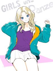 Rule 34 | 1girl, aqua jacket, arms up, blonde hair, blue eyes, camisole, casual, closed mouth, commentary request, copyright name, girls und panzer, hair intakes, head tilt, highres, inumoto, jacket, kay (girls und panzer), long hair, looking at viewer, miniskirt, open clothes, open jacket, pleated skirt, purple shirt, shirt, sitting, skirt, smile, solo, white background, white skirt