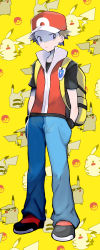 Rule 34 | 1boy, absurdres, backpack, bad id, bad pixiv id, bag, baseball cap, black shirt, black wristband, blue pants, brown hair, closed mouth, commentary request, creatures (company), full body, game freak, gen 1 pokemon, hands in pockets, hat, highres, jacket, looking to the side, male focus, nintendo, pants, pikachu, poke ball symbol, pokemon, pokemon (creature), pokemon frlg, red (pokemon), red headwear, shirt, shoes, short sleeves, sleeveless, sleeveless jacket, standing, vs seeker, wristband, yellow background, yellow bag, zonbi4771