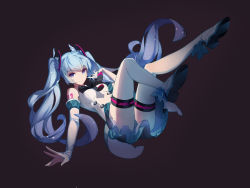 Rule 34 | 1girl, absurdres, bad id, bad pixiv id, black background, blue eyes, blue hair, closed mouth, detached sleeves, full body, hatsune miku, highres, light smile, long hair, looking at viewer, skirt, smile, solo, thighhighs, thighs, twintails, very long hair, vocaloid, white thighhighs, x-red flower