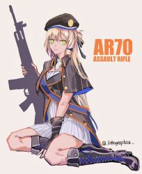 Rule 34 | 1girl, absurdres, ar70 (girls&#039; frontline), assault rifle, beret, beretta ar70/90, blonde hair, boots, fingerless gloves, girls&#039; frontline, gloves, green eyes, gun, hat, highres, knee boots, kneeling, lithographica, long hair, rifle, sketch, smile, solo, very long hair, weapon