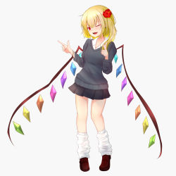 Rule 34 | 1girl, ;d, absurdres, alternate costume, black skirt, blonde hair, bracelet, breasts, brown footwear, collarbone, collared shirt, commentary request, crystal, earrings, fingernails, flandre scarlet, flower, full body, grey sweater, hair flower, hair ornament, hibiscus, highres, index finger raised, jewelry, kneehighs, long sleeves, looking at viewer, loose socks, mamo murata, miniskirt, no headwear, one eye closed, one side up, open mouth, pleated skirt, pointing, red eyes, red flower, shirt, short hair, simple background, skirt, small breasts, smile, socks, solo, standing, sweater, touhou, white background, white shirt, white socks, wings