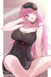 Rule 34 | 1girl, absurdres, bare shoulders, black choker, black nightgown, blush, breasts, chankuro, choker, cleavage, collarbone, commentary, highres, hololive, hololive english, large breasts, long hair, looking to the side, messy hair, mori calliope, mori calliope (sleepwear), nightgown, official alternate costume, one eye closed, open mouth, pink hair, red eyes, saliva, sitting, sleep mask, solo, virtual youtuber