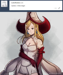 Rule 34 | 1girl, alternate costume, blonde hair, bravely default (series), breasts, cape, cleavage, dress, earrings, elbow gloves, english text, gloves, gzei, hat, jewelry, long hair, looking at viewer, medium breasts, octopath traveler, octopath traveler i, ophilia (octopath traveler), red gloves, simple background, smile, solo, tumblr username