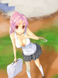 Rule 34 | 1girl, bad id, bad pixiv id, breast suppress, breasts, checkered clothes, checkered skirt, cleavage, covered erect nipples, from above, grass, k-on!, large breasts, long hair, miura akane, no bra, original, park, peconi, pekoni (peconi), pink hair, ponytail, red eyes, skirt, slide, socks, solo, suitcase