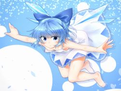 Rule 34 | 1girl, alternate costume, bare arms, bare legs, bare shoulders, barefoot, blue bow, blue eyes, blue hair, bow, breasts, circled 9, cirno, closed mouth, downblouse, dress, expressionless, eyes visible through hair, feet up, floating, full body, hair bow, highres, ice, ice wings, leaning forward, looking at viewer, marukyuu ameya, nail polish, nipples, outstretched arms, short hair, sleeveless, sleeveless dress, small breasts, solo, spread arms, toes, touhou, wings