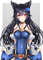 Rule 34 | 1girl, alternate costume, animal ears, bare shoulders, belt, black hair, blush, buckle, collar, collarbone, commentary request, detached sleeves, erune, flower, granblue fantasy, hair flower, hair ornament, heart, heart-shaped buckle, highres, looking at viewer, nier (granblue fantasy), parted lips, red eyes, skin tight, skirt hold, smile, solo, touya kotonari