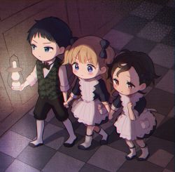 Rule 34 | 1boy, 2girls, apron, black hair, blonde hair, blue bow, blue dress, blue eyes, blunt bangs, blush, bow, checkered floor, chibi, closed mouth, dress, emilico (shadows house), full body, green jacket, hair bow, highres, holding, holding hands, indoors, jacket, lantern, long hair, looking to the side, mametarou (mameji), multiple girls, pants, ram (shadows house), red eyes, shadows house, shaun (shadows house), shirt, shoes, short hair, two side up, walking, white apron, white shirt