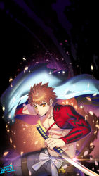 Rule 34 | 1boy, abs, cape, emiya shirou, fate/grand order, fate (series), fighting stance, goya (xalbino), highres, holding, igote, japanese clothes, light particles, looking at viewer, male focus, muscular, orange hair, pectorals, petals, pubic hair, revealing clothes, ribbon, senji muramasa (fate), solo, sword, toned, toned male, upper body, waku (ayamix), weapon, yellow eyes