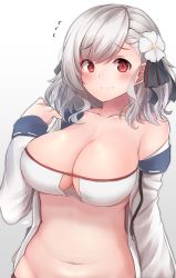 Rule 34 | 1girl, bare shoulders, bikini, blush, breasts, cleavage, collarbone, curvy, flying sweatdrops, girls&#039; frontline, gradient background, grey background, hair ribbon, highres, hiromaster sinta jh, jacket, large breasts, long hair, looking at viewer, navel, off shoulder, official alternate costume, open clothes, open jacket, plump, red eyes, ribbon, signature, silver hair, simple background, smile, solo, spas-12 (girls&#039; frontline), spas-12 (midsummer fruit) (girls&#039; frontline), swimsuit, twintails