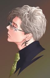 Rule 34 | 1boy, adam&#039;s apple, brown background, choputy, collared shirt, earrings, eyelashes, facial mark, from side, green necktie, grey hair, half-closed eyes, highres, jewelry, lips, looking away, male focus, neck tattoo, necktie, parted lips, portrait, profile, sanchoumou, shirt, short hair, sideburns, simple background, solo, stud earrings, sunglasses, tattoo, touken ranbu
