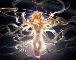 Rule 34 | 10s, 1girl, 2015, absurdly long hair, artist name, ass, back, blonde hair, from behind, gradient background, highres, jane mere, long hair, nude, original, personification, planet, revision, solo, space, star (symbol), sun, thigh gap, very long hair