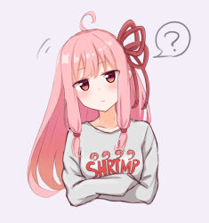Rule 34 | 1girl, ?, aho whale, ahoge, animal print, blush, clothes writing, commentary, cropped torso, crossed arms, grey shirt, head tilt, kotonoha akane, long hair, looking at viewer, motion lines, pink eyes, pink hair, purple background, shirt, shrimp, solo, spoken question mark, upper body, voiceroid