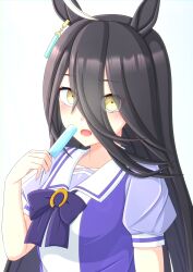 Rule 34 | 1girl, 2-butani, absurdres, ahoge, animal ears, black hair, bow, breasts, chestnut mouth, commentary request, earrings, food, hair between eyes, highres, holding, holding food, holding popsicle, horse ears, horse girl, horse tail, jewelry, looking at viewer, manhattan cafe (umamusume), multicolored hair, open mouth, pleated skirt, popsicle, puffy short sleeves, puffy sleeves, purple bow, purple shirt, school uniform, shirt, short sleeves, simple background, single earring, skirt, small breasts, solo, streaked hair, summer uniform, tail, tracen school uniform, umamusume, upper body, white background, white hair, white skirt, yellow eyes