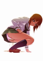 Rule 34 | 1girl, arm support, ass, black neckerchief, black socks, blush, brown eyes, brown footwear, brown hair, crying, embarrassed, female focus, flat chest, from side, full body, girls und panzer, green skirt, kneehighs, leaning forward, legs together, long sleeves, lunalu9, matching hair/eyes, miniskirt, neckerchief, nishizumi miho, panties, parted lips, peeing, peeing self, pleated skirt, puddle, sailor collar, school uniform, serafuku, shirt, shoes, short hair, simple background, skirt, socks, solo, squatting, tears, teeth, underwear, upskirt, wet, wet clothes, wet panties, white background, white panties, white sailor collar, white shirt