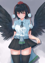 Rule 34 | 1girl, black hair, black ribbon, black skirt, black thighhighs, black wings, blush, breasts, clothes around waist, commentary request, cowboy shot, feathered wings, gradient background, grey background, grey jacket, hair between eyes, hat, highres, jacket, jacket around waist, looking at viewer, medium breasts, miniskirt, neck ribbon, pleated skirt, pointy ears, pom pom (clothes), puffy short sleeves, puffy sleeves, red eyes, ribbon, roke (taikodon), shadow, shameimaru aya, shirt, short hair, short sleeves, skirt, smile, solo, standing, tassel, thighhighs, thighs, tokin hat, touhou, white shirt, wings, zettai ryouiki