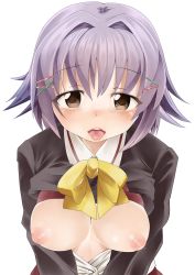 Rule 34 | 10s, 1girl, :d, bad id, bad pixiv id, blush, breasts, breasts out, brown eyes, framed breasts, grey hair, hair ornament, hairclip, highres, idolmaster, idolmaster cinderella girls, koshimizu sachiko, looking at viewer, nipples, open clothes, open mouth, open shirt, school uniform, shift (waage), shirt, short hair, smile, solo, tongue, tongue out