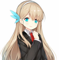 Rule 34 | 1girl, blue eyes, blush, collared shirt, feather hair ornament, feathers, formal, hair between eyes, hair ornament, hairband, hand up, head tilt, lexington (cv-16) (warship girls r), light brown hair, long hair, long sleeves, looking at viewer, shirt, simple background, smile, solo, suit, tareme, tengxiang lingnai, undershirt, upper body, very long hair, warship girls r, white background, white shirt